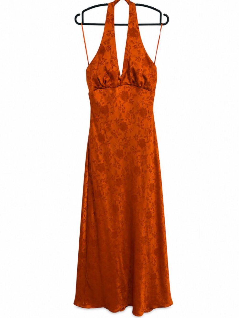 Thirty Thirty LA Rust Orange Satin Floral Jacquard Halter Maxi Dress M